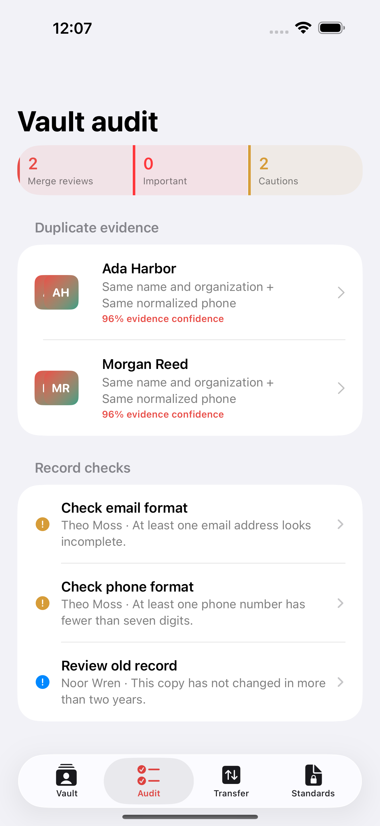 Cardmoire audit screen showing duplicate evidence and record checks
