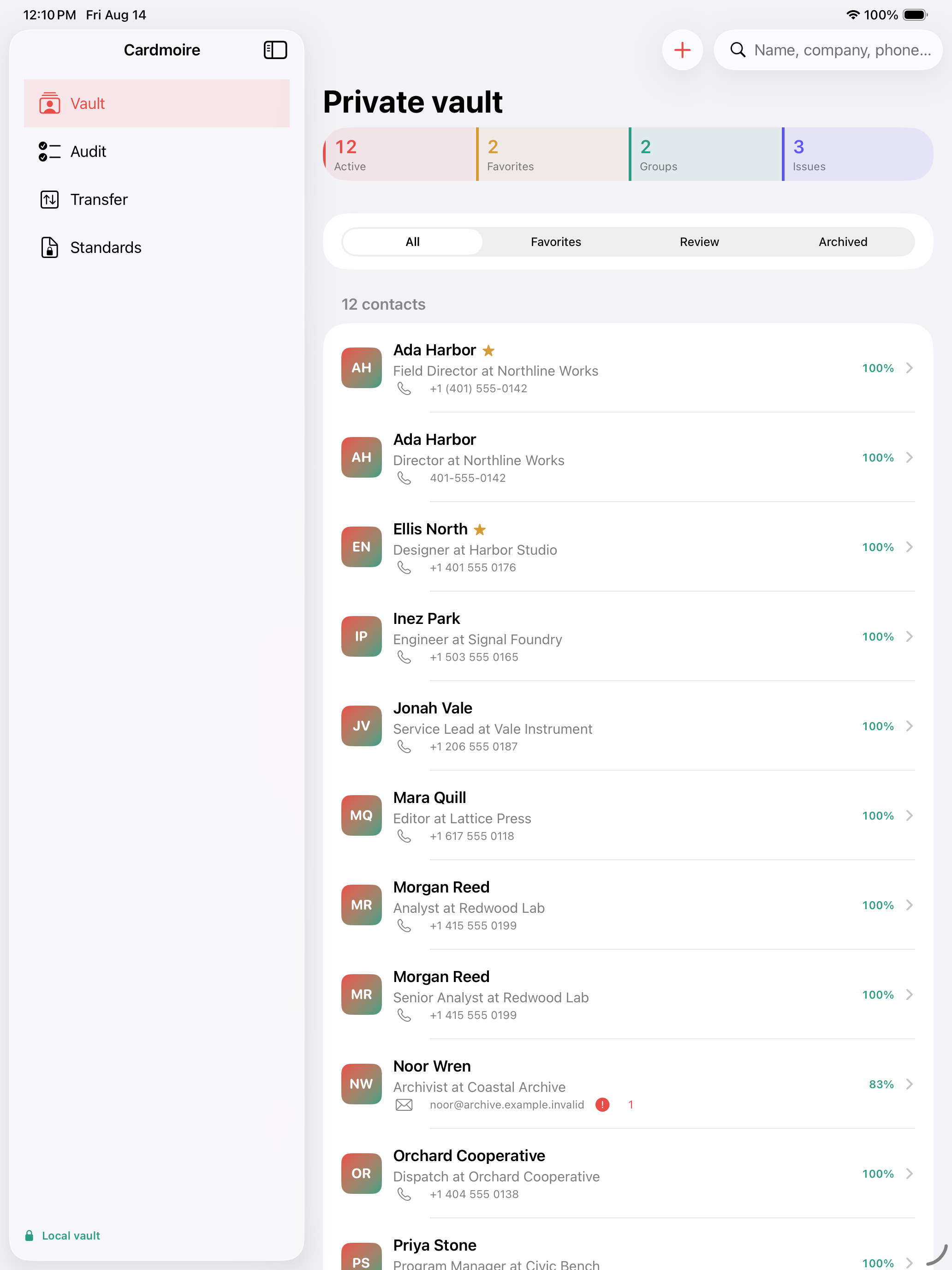 Cardmoire displaying a private contact vault with audit metrics and local records